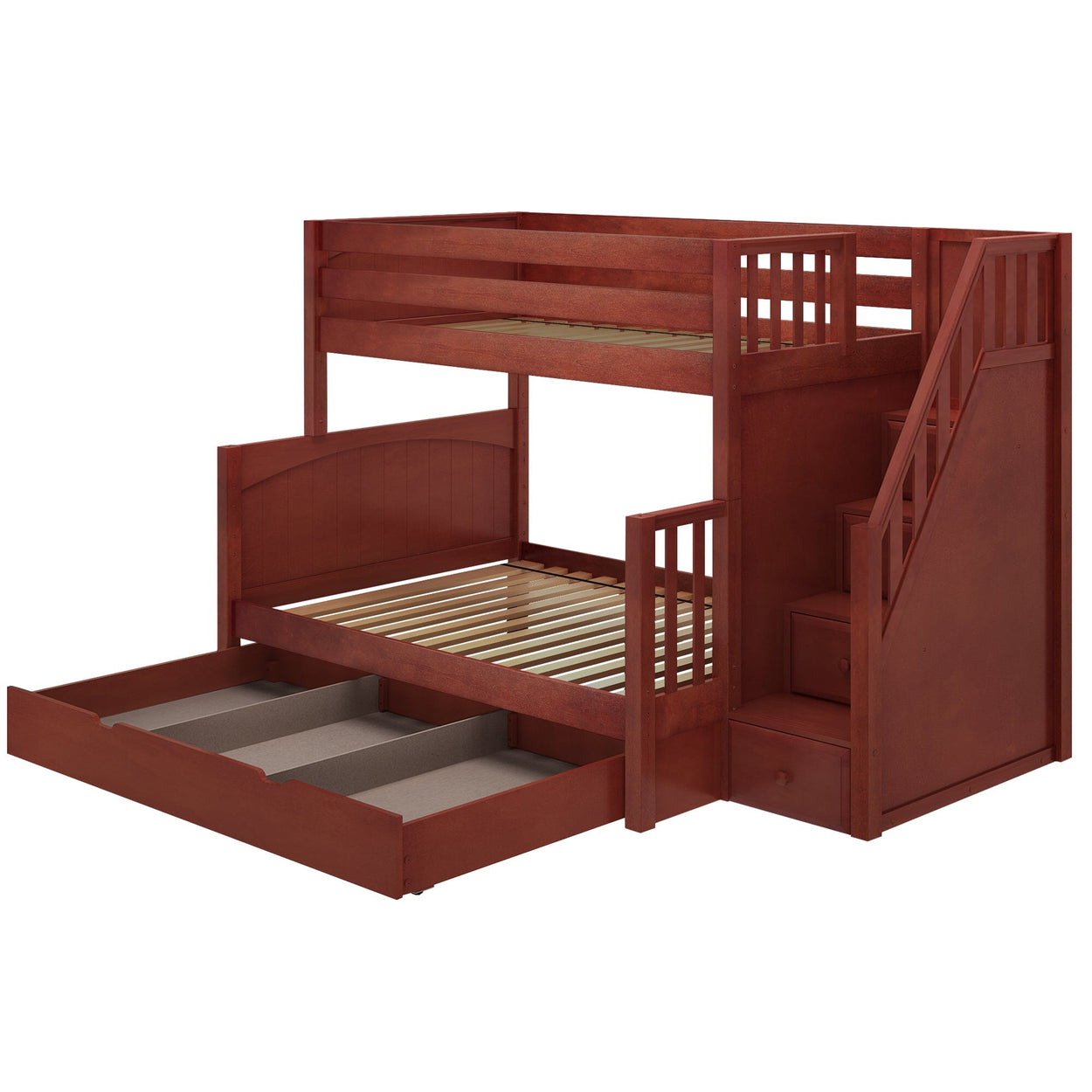 SUMO TD CP : Staggered Bunk Beds Medium Twin over Full Bunk Bed with Stairs and Trundle Drawer, Panel, Chestnut