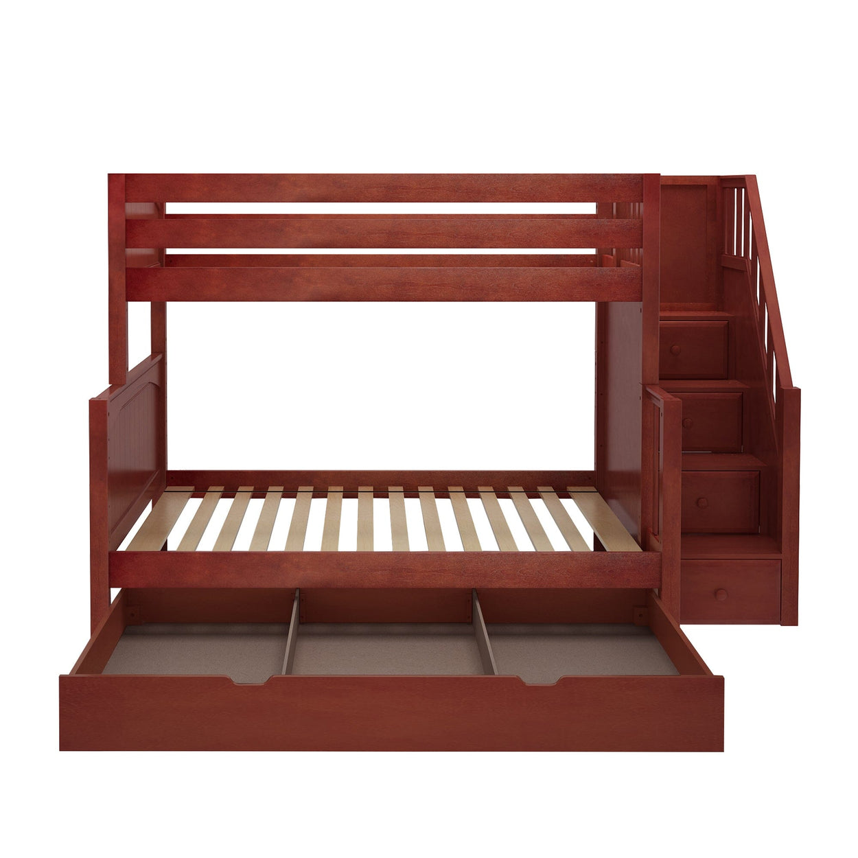 SUMO TD CP : Staggered Bunk Beds Medium Twin over Full Bunk Bed with Stairs and Trundle Drawer, Panel, Chestnut