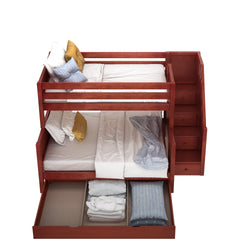 SUMO TD CP : Staggered Bunk Beds Medium Twin over Full Bunk Bed with Stairs and Trundle Drawer, Panel, Chestnut