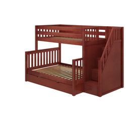 SUMO TD CS : Staggered Bunk Beds Medium Twin over Full Bunk Bed with Stairs and Trundle Drawer, Slat, Chestnut