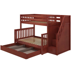 SUMO TD CS : Staggered Bunk Beds Medium Twin over Full Bunk Bed with Stairs and Trundle Drawer, Slat, Chestnut