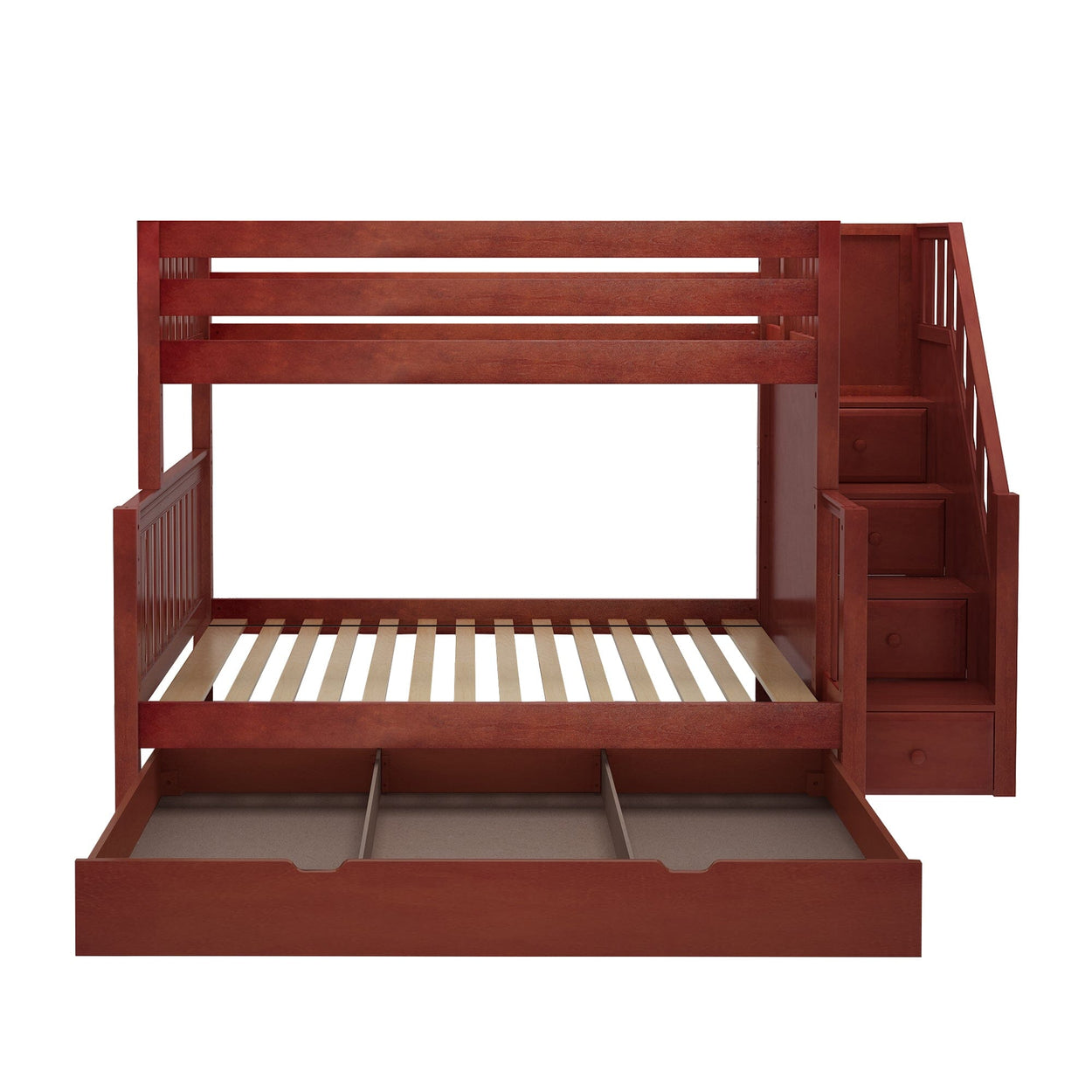 SUMO TD CS : Staggered Bunk Beds Medium Twin over Full Bunk Bed with Stairs and Trundle Drawer, Slat, Chestnut