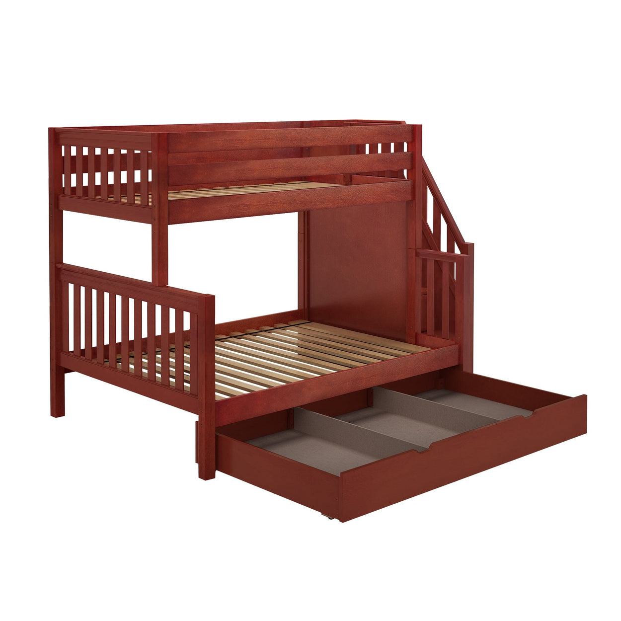 SUMO TD CS : Staggered Bunk Beds Medium Twin over Full Bunk Bed with Stairs and Trundle Drawer, Slat, Chestnut