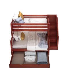 SUMO TD CS : Staggered Bunk Beds Medium Twin over Full Bunk Bed with Stairs and Trundle Drawer, Slat, Chestnut