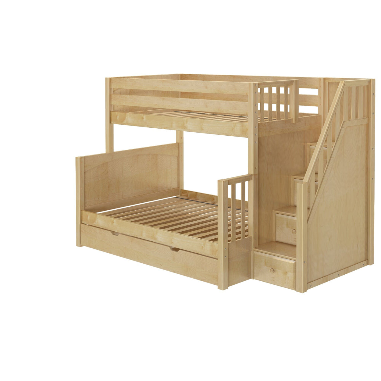 SUMO TD NP : Staggered Bunk Beds Medium Twin over Full Bunk Bed with Stairs and Trundle Drawer, Panel, Natural