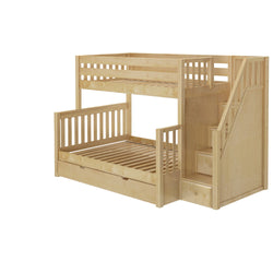 SUMO TD NS : Staggered Bunk Beds Medium Twin over Full Bunk Bed with Stairs and Trundle Drawer, Slat, Natural