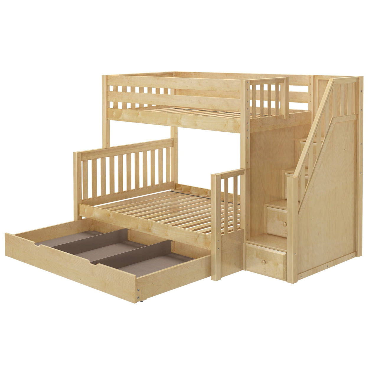 SUMO TD NS : Staggered Bunk Beds Medium Twin over Full Bunk Bed with Stairs and Trundle Drawer, Slat, Natural