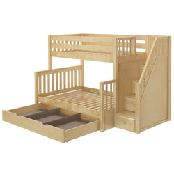 SUMO TD NS : Staggered Bunk Beds Medium Twin over Full Bunk Bed with Stairs and Trundle Drawer, Slat, Natural