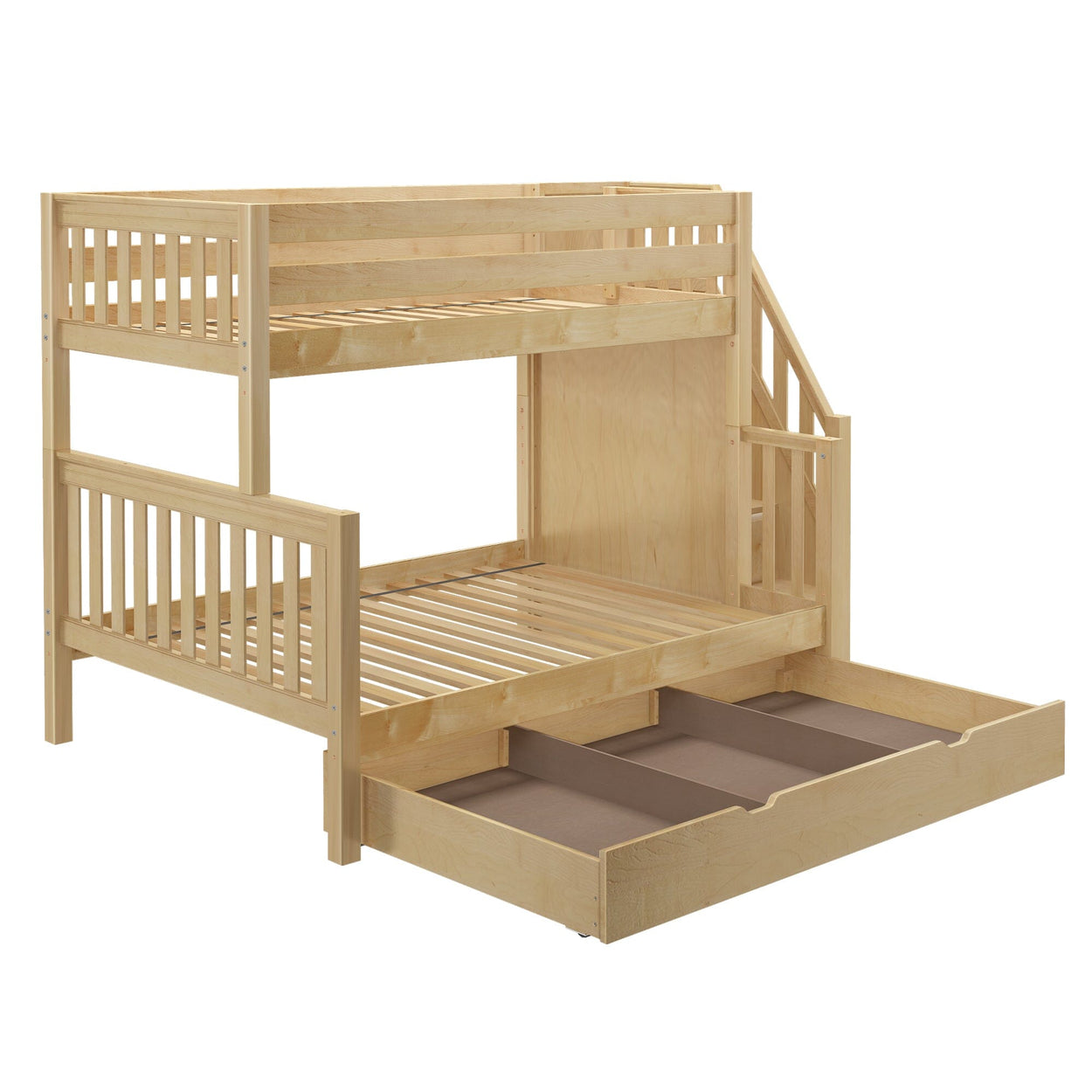 SUMO TD NS : Staggered Bunk Beds Medium Twin over Full Bunk Bed with Stairs and Trundle Drawer, Slat, Natural