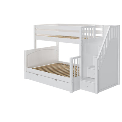 SUMO TD WP : Staggered Bunk Beds Medium Twin over Full Bunk Bed with Stairs and Trundle Drawer, Panel, White