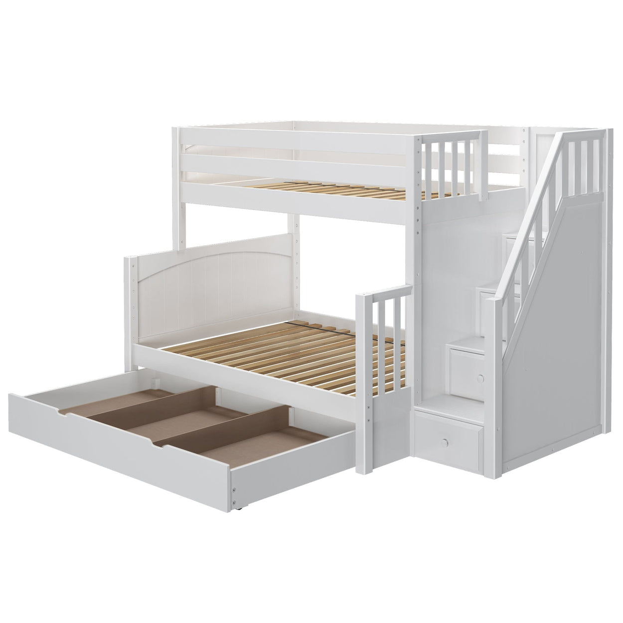 SUMO TD WP : Staggered Bunk Beds Medium Twin over Full Bunk Bed with Stairs and Trundle Drawer, Panel, White