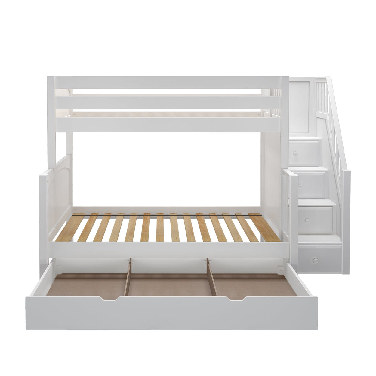 SUMO TD WP : Staggered Bunk Beds Medium Twin over Full Bunk Bed with Stairs and Trundle Drawer, Panel, White