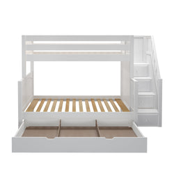 SUMO TD WP : Staggered Bunk Beds Medium Twin over Full Bunk Bed with Stairs and Trundle Drawer, Panel, White