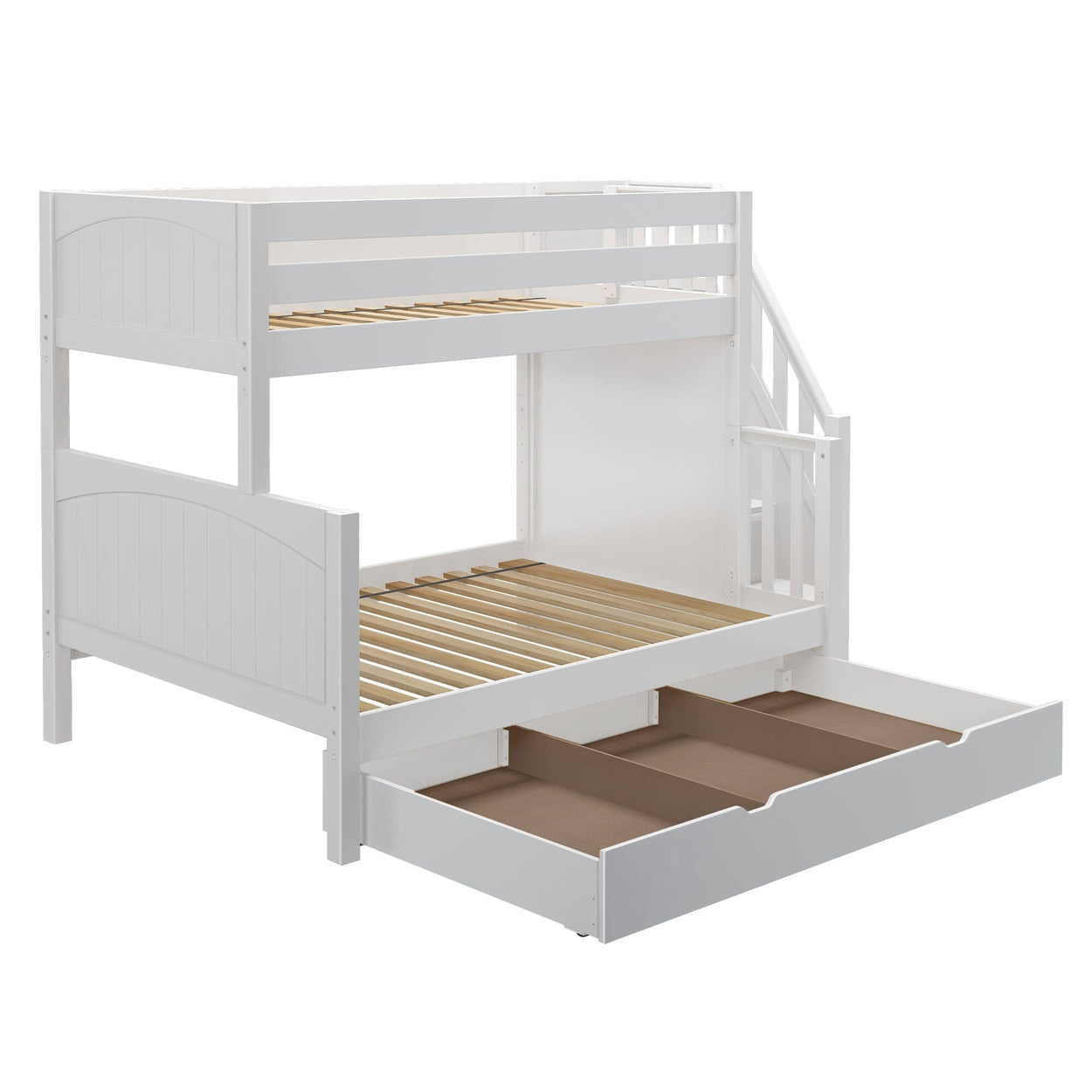 SUMO TD WP : Staggered Bunk Beds Medium Twin over Full Bunk Bed with Stairs and Trundle Drawer, Panel, White