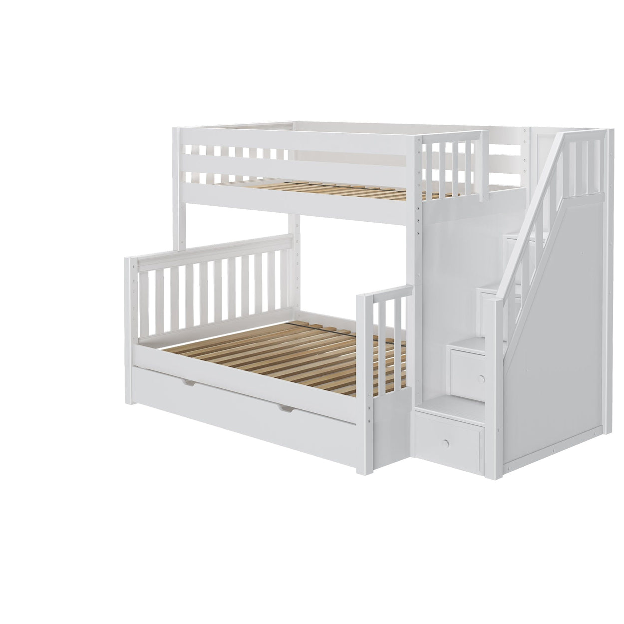 SUMO TD WS : Staggered Bunk Beds Medium Twin over Full Bunk Bed with Stairs and Trundle Drawer, Slat, White