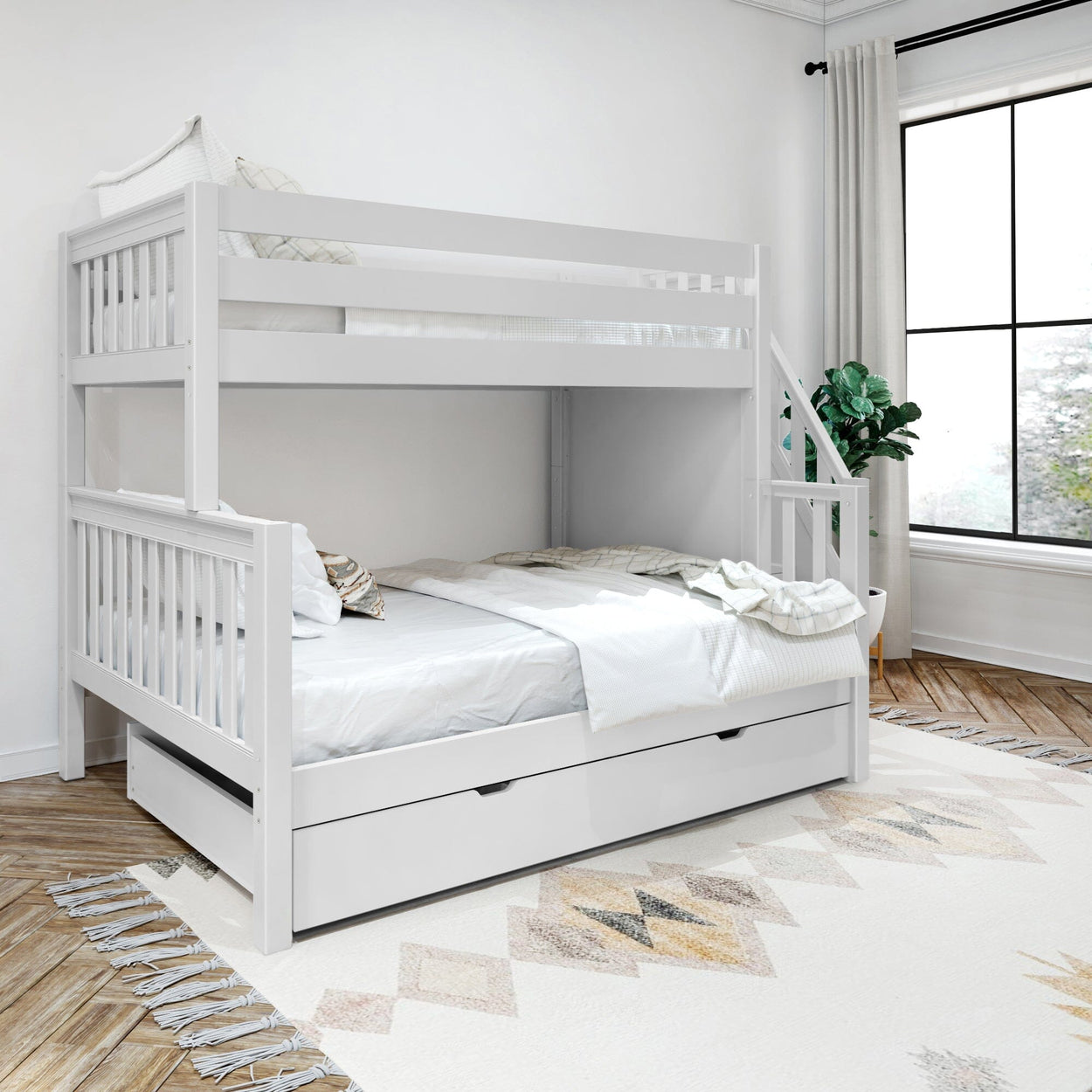 SUMO TD WS : Staggered Bunk Beds Medium Twin over Full Bunk Bed with Stairs and Trundle Drawer, Slat, White