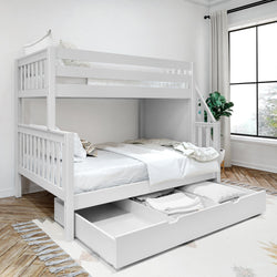 SUMO TD WS : Staggered Bunk Beds Medium Twin over Full Bunk Bed with Stairs and Trundle Drawer, Slat, White