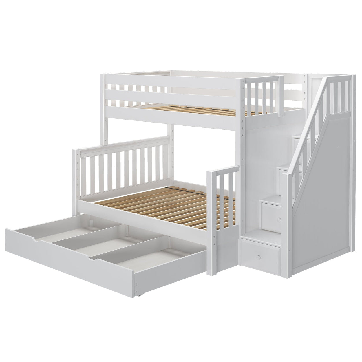 SUMO TD WS : Staggered Bunk Beds Medium Twin over Full Bunk Bed with Stairs and Trundle Drawer, Slat, White