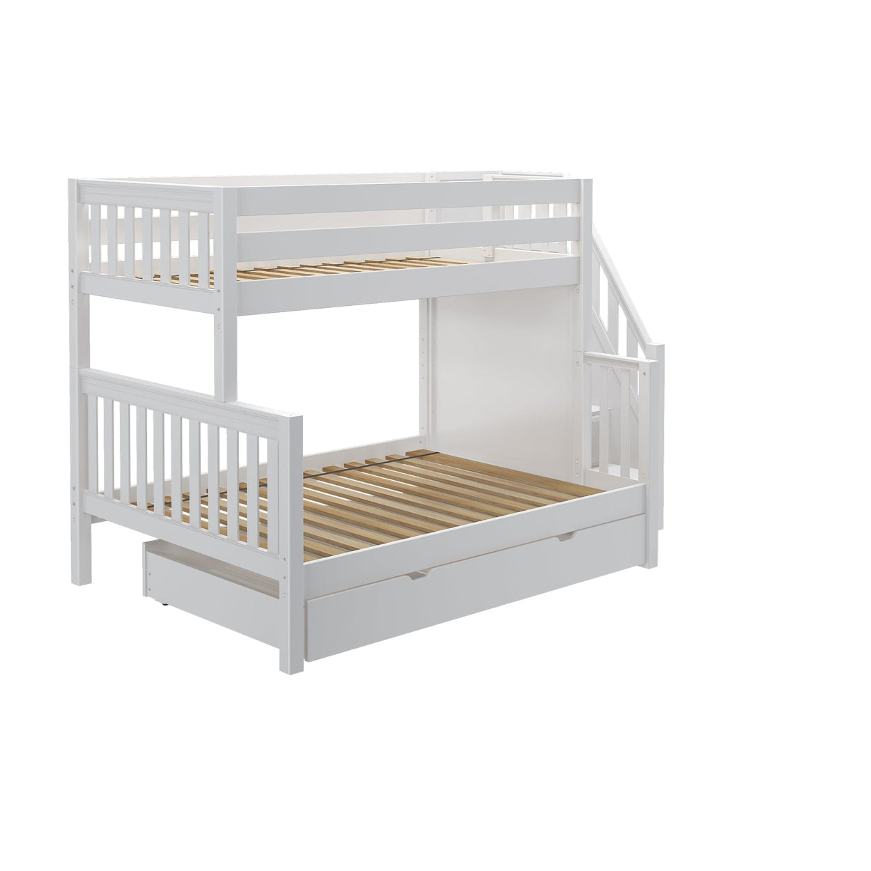 SUMO TD WS : Staggered Bunk Beds Medium Twin over Full Bunk Bed with Stairs and Trundle Drawer, Slat, White