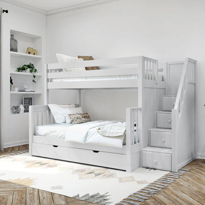 SUMO TD WS : Staggered Bunk Beds Medium Twin over Full Bunk Bed with Stairs and Trundle Drawer, Slat, White