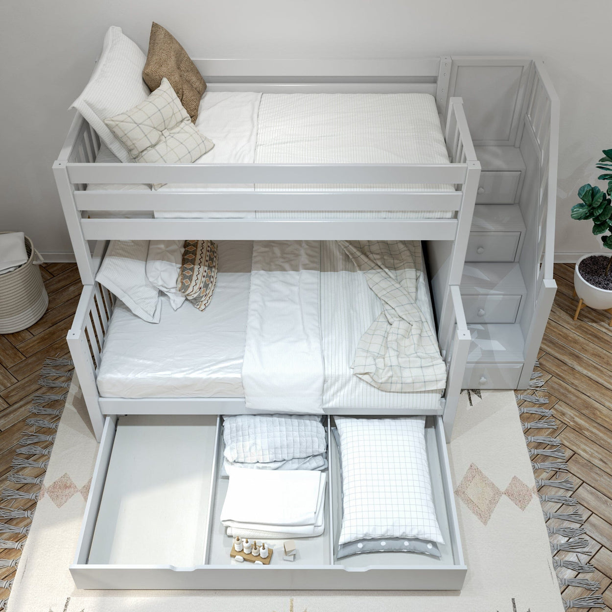 SUMO TD WS : Staggered Bunk Beds Medium Twin over Full Bunk Bed with Stairs and Trundle Drawer, Slat, White