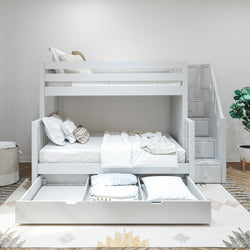 SUMO TD WS : Staggered Bunk Beds Medium Twin over Full Bunk Bed with Stairs and Trundle Drawer, Slat, White