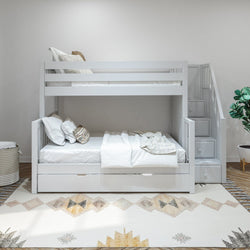 SUMO TD WS : Staggered Bunk Beds Medium Twin over Full Bunk Bed with Stairs and Trundle Drawer, Slat, White