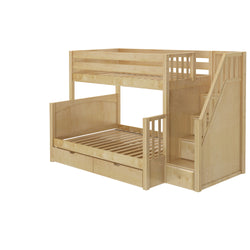 SUMO UD NP : Staggered Bunk Beds Medium Twin over Full Bunk Bed with Stairs and Underbed Storage Drawer, Panel, Natural