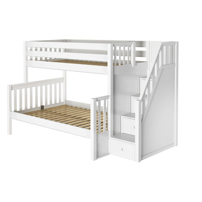 SUMO XL WS : Staggered Bunk Beds Medium Twin XL over Full XL Bunk Bed with Stairs, Slat, White