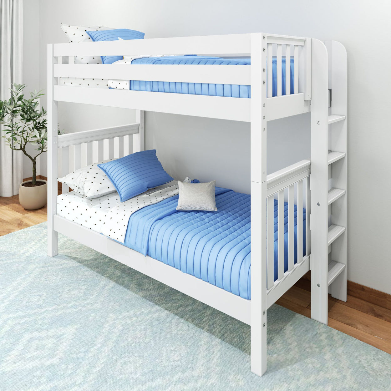 TALL 1 WS : Bunk Bed High Bunk w/ Straight Ladder on End (Low/High), Slat, White