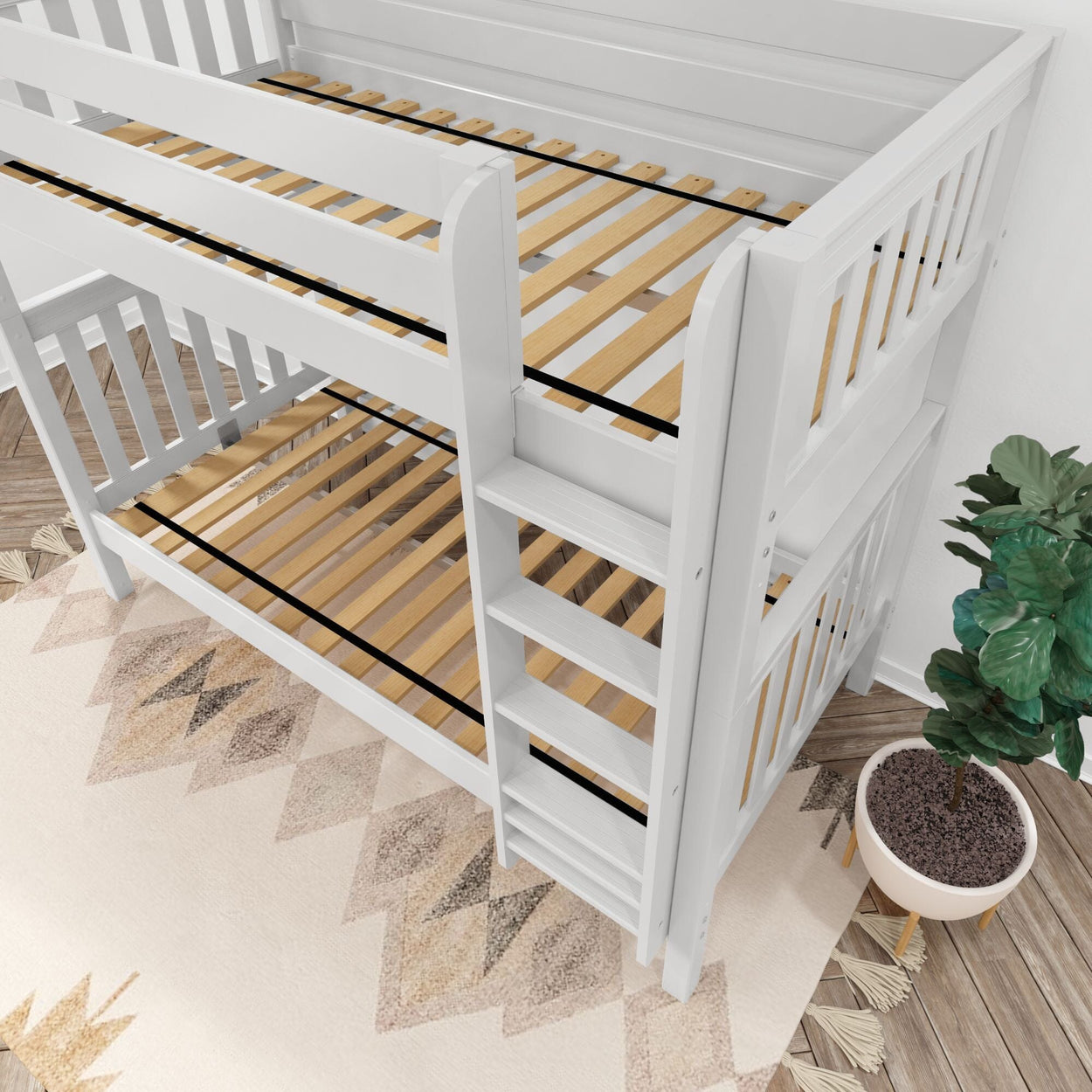 TALL XL WS : Classic Bunk Beds Twin XL High Bunk Bed with Straight Ladder on Front, Slat, White