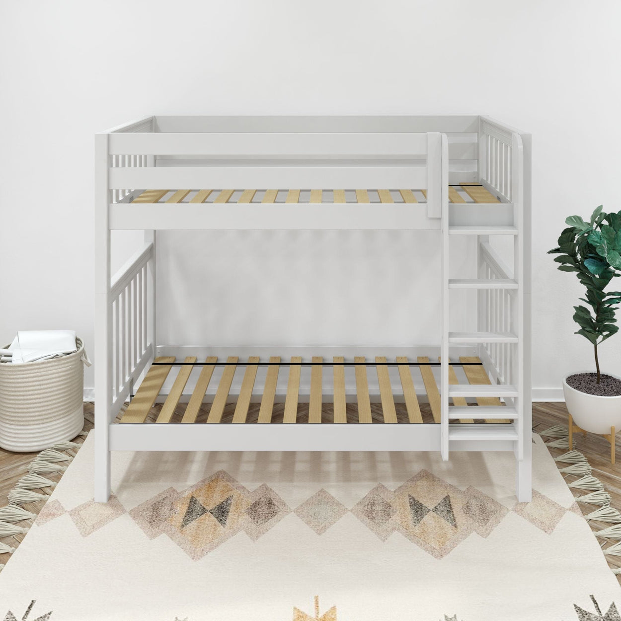 TALL XL WS : Classic Bunk Beds Twin XL High Bunk Bed with Straight Ladder on Front, Slat, White