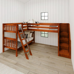 TERTIARY XL CS : Multiple Bunk Beds Twin XL Medium Corner Loft Bunk Bed with Angled Ladder and Stairs on Right, Slat, Chestnut