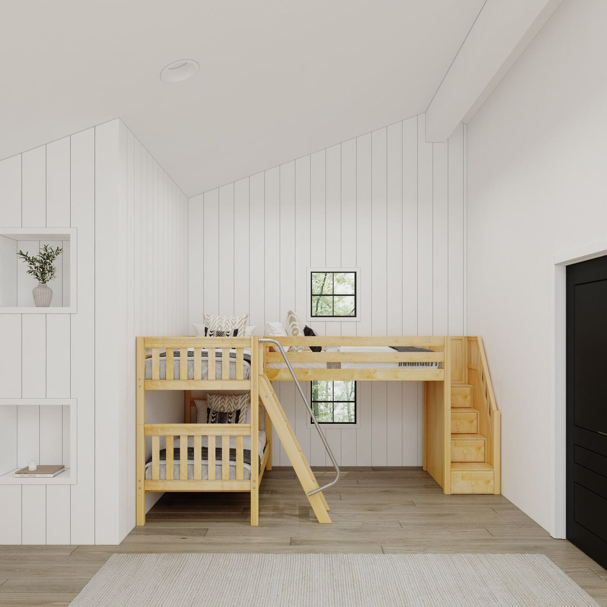 TERTIARY XL NS : Multiple Bunk Beds Twin XL Medium Corner Loft Bunk Bed with Angled Ladder and Stairs on Right, Slat, Natural