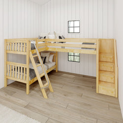 TERTIARY XL NS : Multiple Bunk Beds Twin XL Medium Corner Loft Bunk Bed with Angled Ladder and Stairs on Right, Slat, Natural