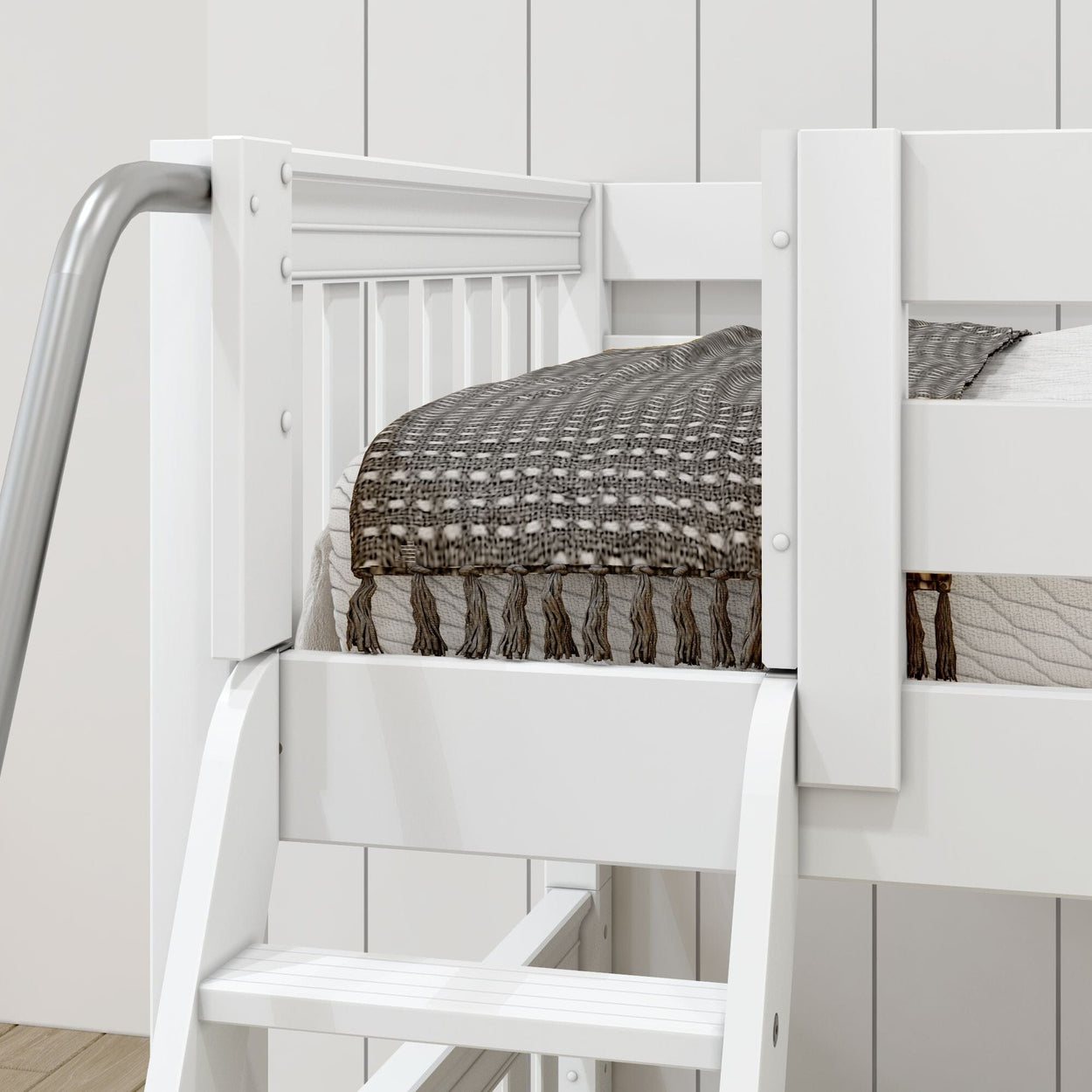 TERTIARY XL WS : Multiple Bunk Beds Twin XL Medium Corner Loft Bunk Bed with Angled Ladder and Stairs on Right, Slat, White