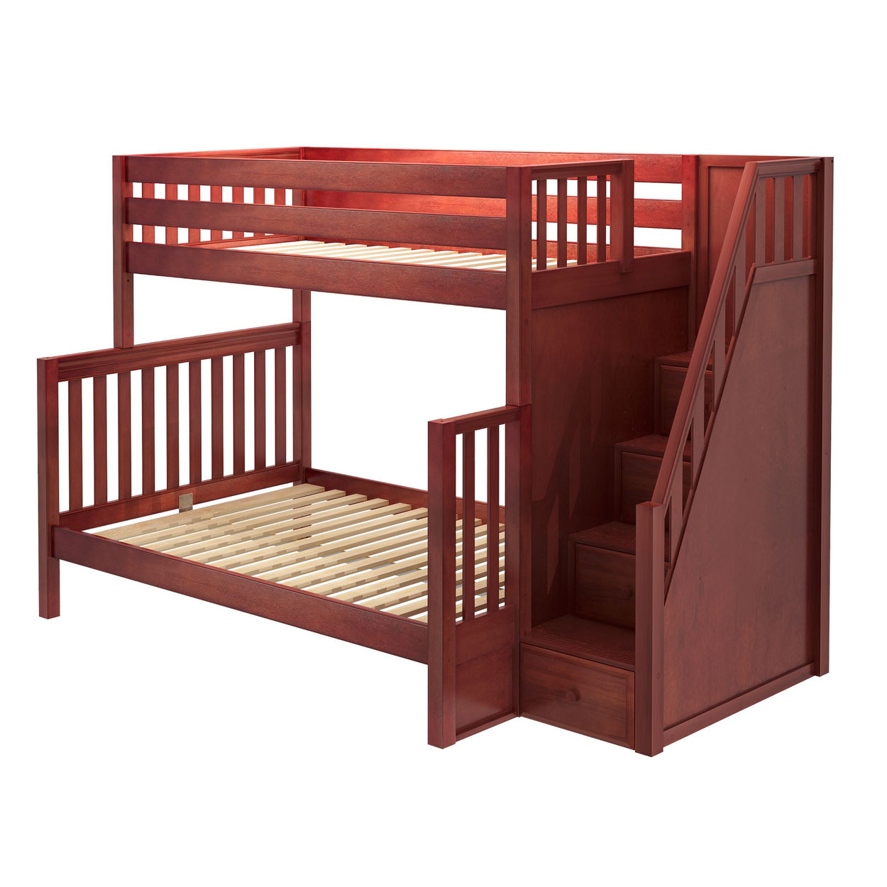 TOTEM XL CS : Staggered Bunk Beds High Twin XL over Full XL Bunk Bed with Stairs, Slat, Chestnut