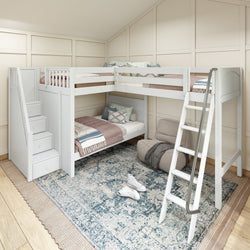 TREBLE WP : Multiple Bunk Beds Full High Corner Loft Bunk Bed with Angled Ladder and Stairs on Left, Panel, White