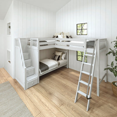 TREY WS : Multiple Bunk Beds Twin High Corner Loft Bunk Bed with Ladder + Stairs - L, Slat, White