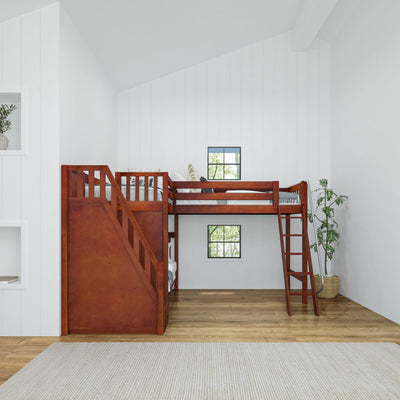 TREY XL CS : Corner Loft Bunk Twin XL High Corner Loft Bunk with Angled Ladder and Stairs on Left, Slat, Chestnut