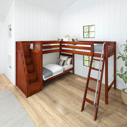 TREY XL CS : Multiple Bunk Beds Twin XL High Corner Loft Bunk with Angled Ladder and Stairs on Left, Slat, Chestnut