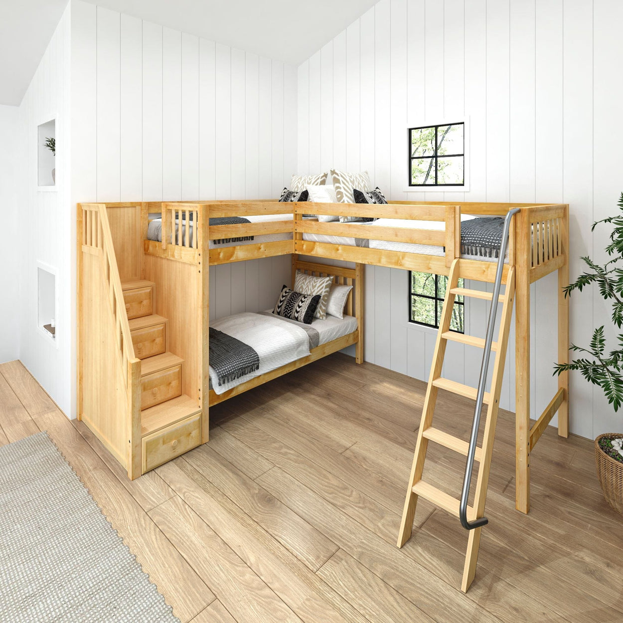 TREY XL NS : Multiple Bunk Beds Twin XL High Corner Loft Bunk with Angled Ladder and Stairs on Left, Slat, Natural