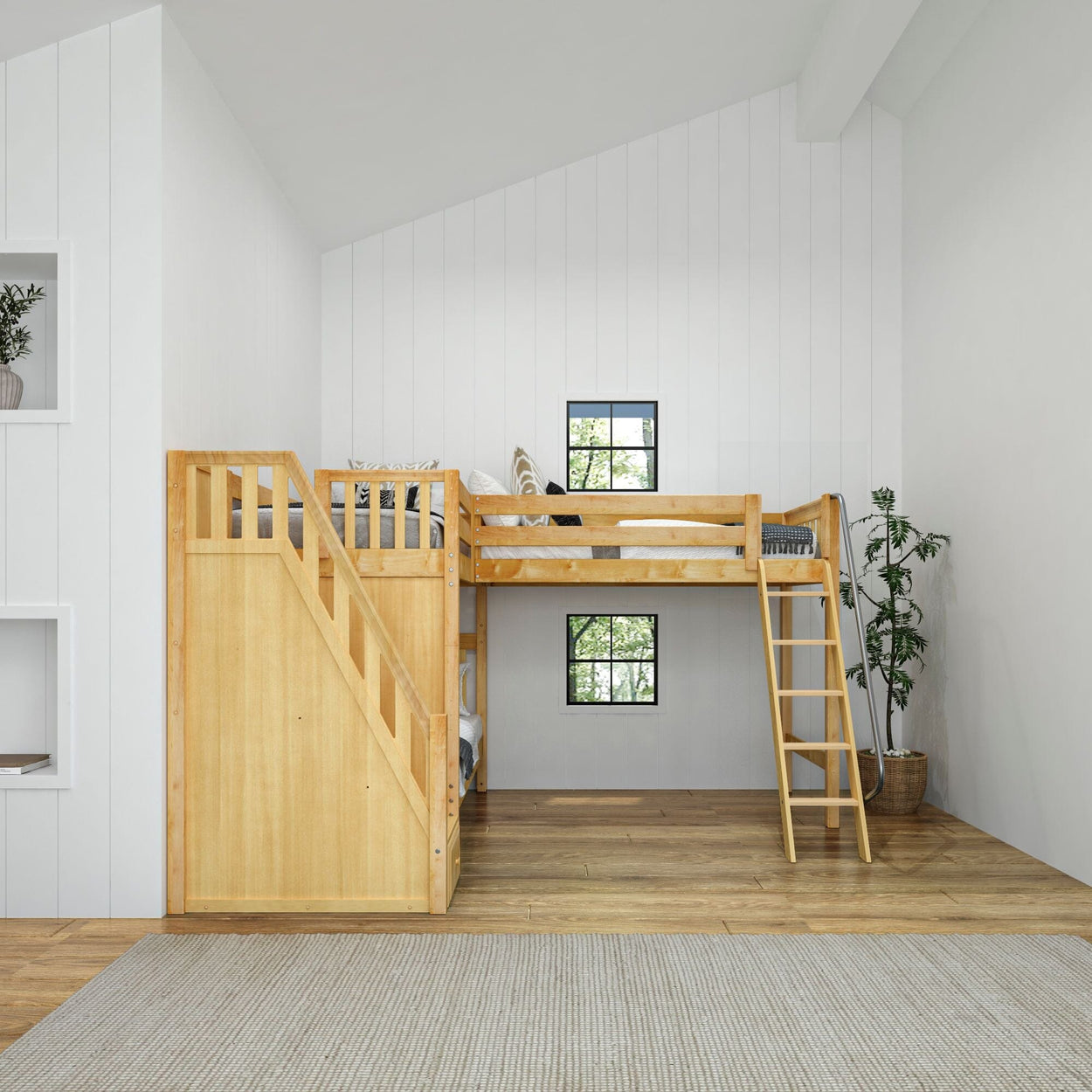 TREY XL NS : Multiple Bunk Beds Twin XL High Corner Loft Bunk with Angled Ladder and Stairs on Left, Slat, Natural