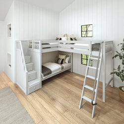 TREY XL WS : Multiple Bunk Beds Twin XL High Corner Loft Bunk with Angled Ladder and Stairs on Left, Slat, White