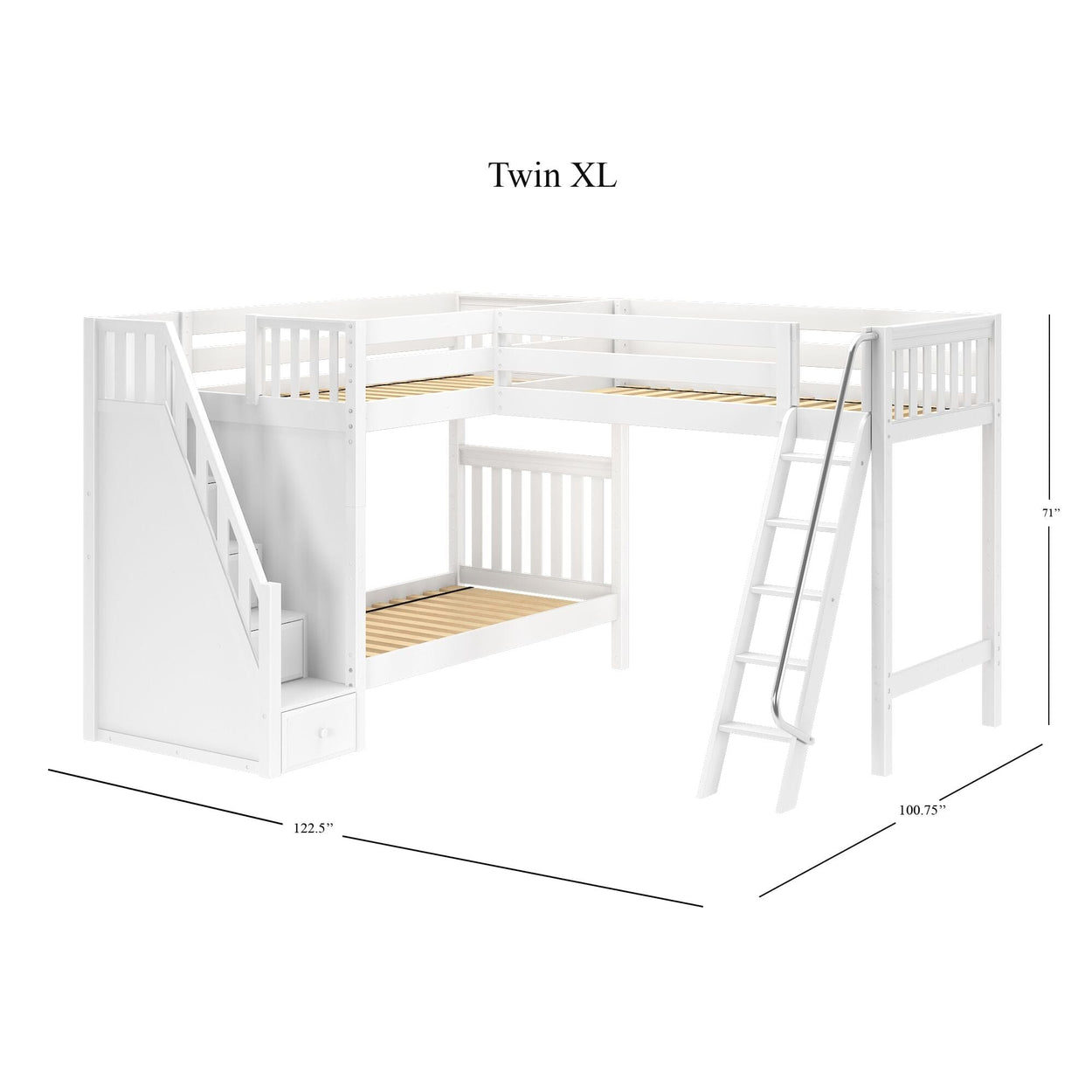 TREY XL WS : Multiple Bunk Beds Twin XL High Corner Loft Bunk with Angled Ladder and Stairs on Left, Slat, White