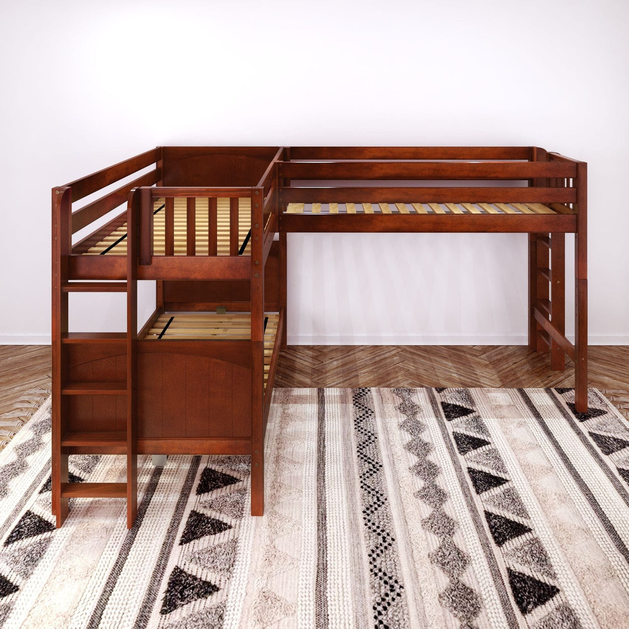 TRIFID 1 CP : Multiple Bunk Beds Twin Medium Corner Loft Bunk Bed with Straight Ladders on Ends, Panel, Chestnut