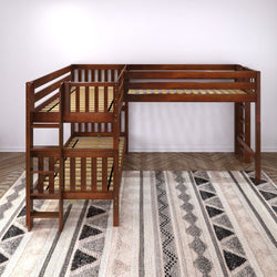 TRIFID 1 CS : Multiple Bunk Beds Twin Medium Corner Loft Bunk with Straight Ladders on Ends, Slat, Chestnut