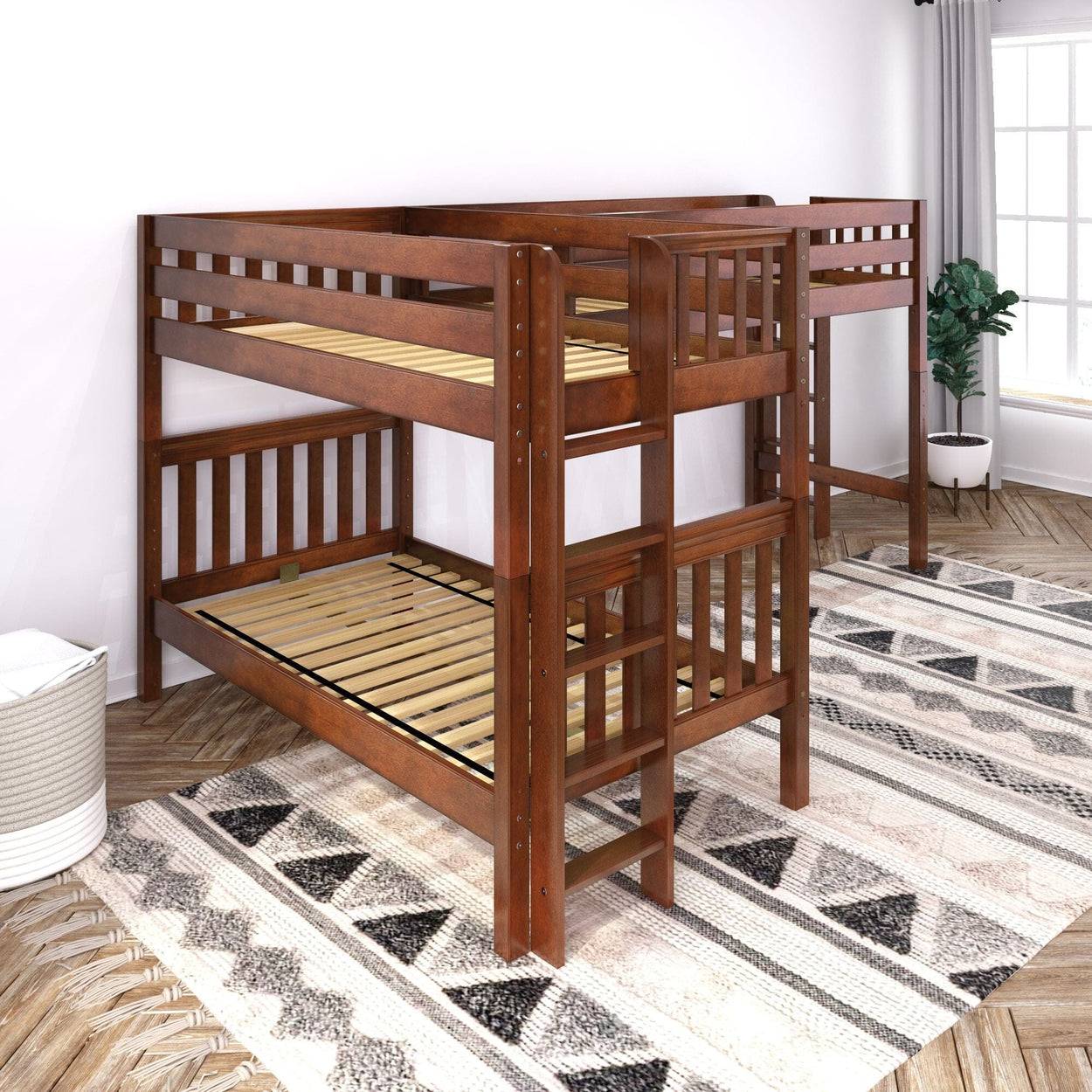 TRIFID 1 CS : Multiple Bunk Beds Twin Medium Corner Loft Bunk with Straight Ladders on Ends, Slat, Chestnut