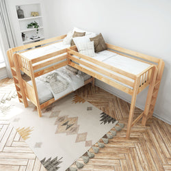 TRIFID 1 NP : Multiple Bunk Beds Twin Medium Corner Loft Bunk with Straight Ladders on Ends, Panel, Natural