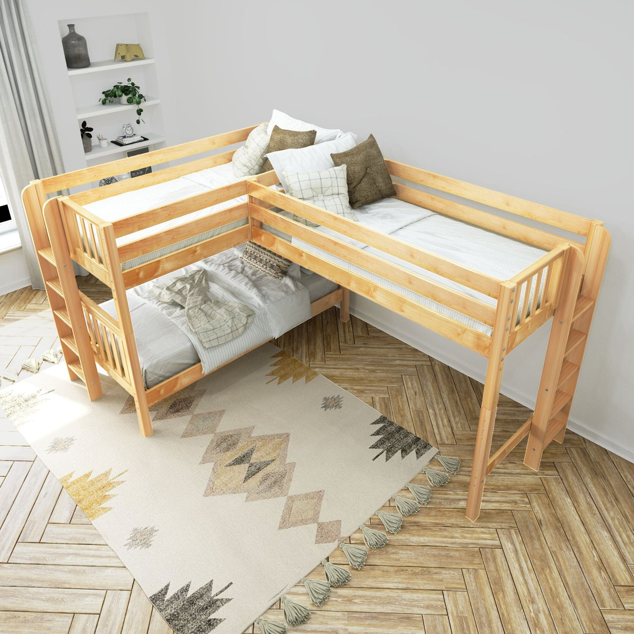 TRIFID 1 NS : Multiple Bunk Beds Twin Medium Corner Loft Bunk with Straight Ladders on Ends, Slat, Natural